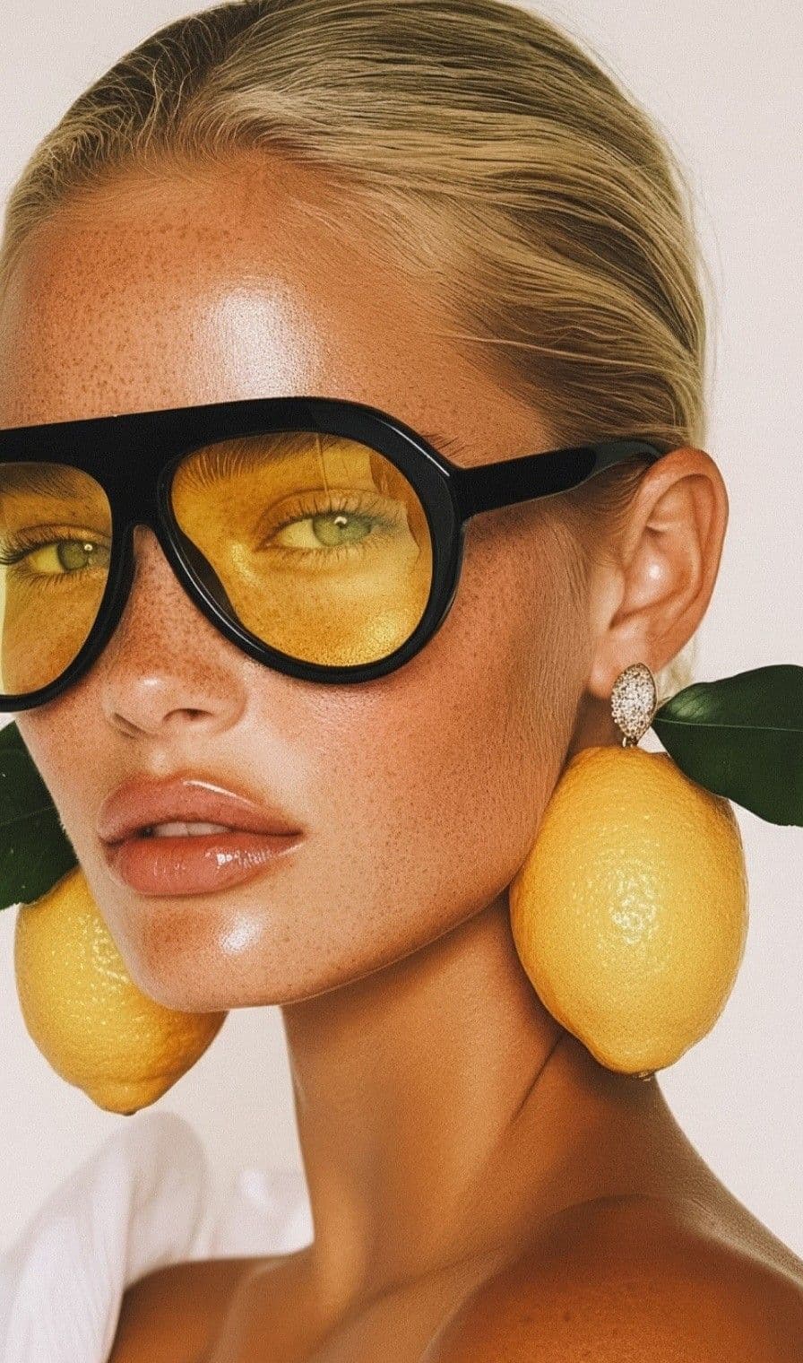 Big Glow Lip Oil mood — campaign portrait, glossy lips and oversized yellow aviators
