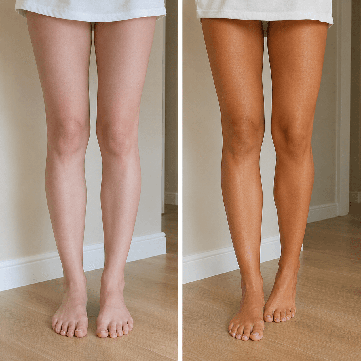 Fair-skin model in soft window light, before/after diptych on cream backdrop