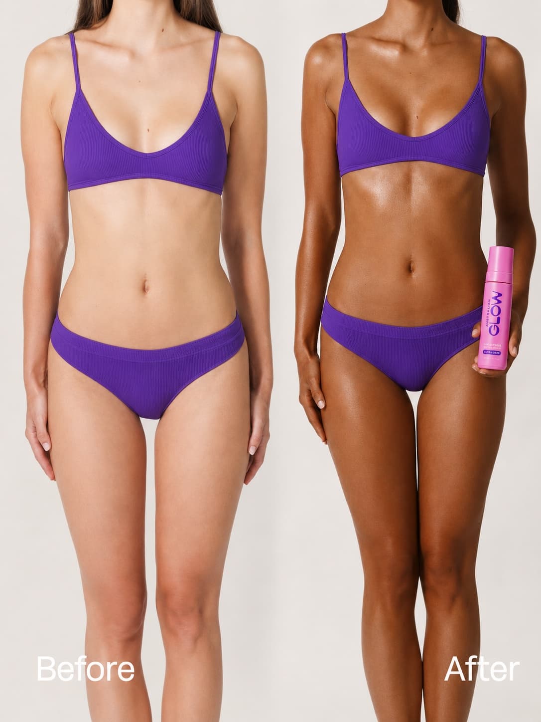 Before and after a full Glow Up routine — pale to deep even tan