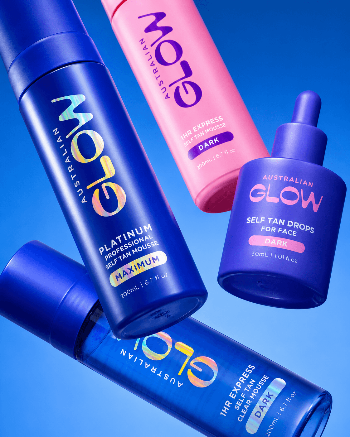 Australian Glow hero quartet — Pink Mousse, Platinum, Face Drops and Clear Mousse against a vivid blue backdrop