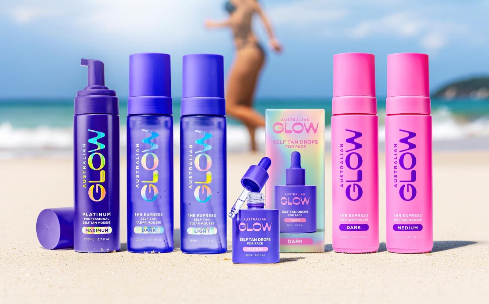 The full Australian Glow range lined up in the sand