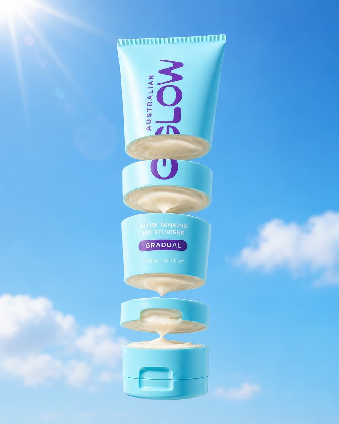 Gradual Tanning Moisturiser sliced open mid-air against blue sky