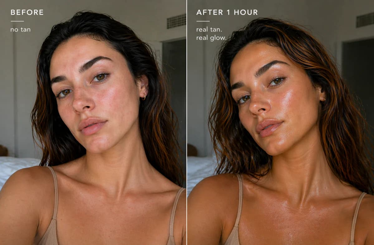 Before and after — no tan vs real tan, real glow, 1 hour with the 1Hr Express Clear Mousse