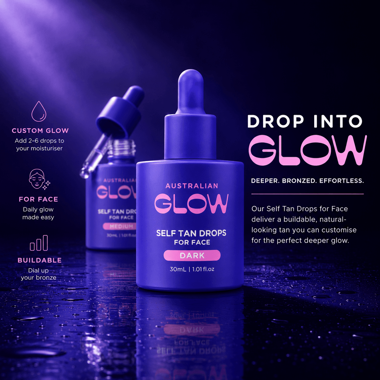 Drop Into Glow — Face Tan Drops Dark campaign tile with three benefit pills