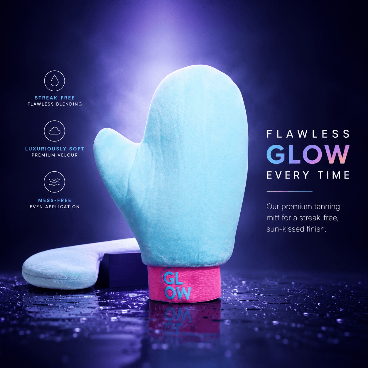 Flawless Glow Every Time — campaign tile for the Blend & Slay Mitt with three benefit pills