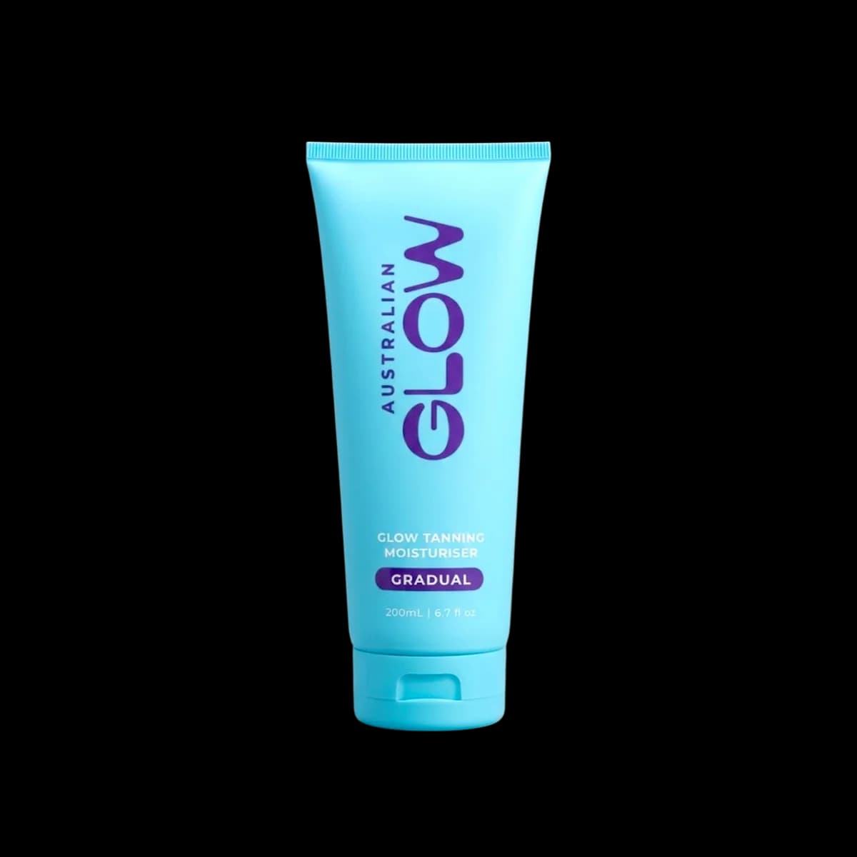 Australian Glow Gradual Tanning Moisturiser — cyan 200ml tube with purple GLOW wordmark