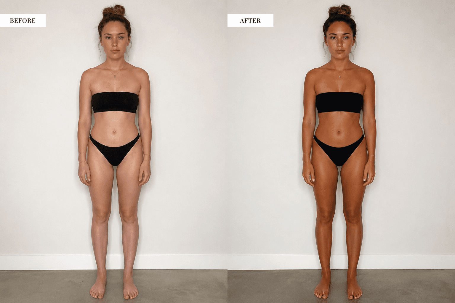 Platinum Maximum before and after — even, deep bronze on real skin
